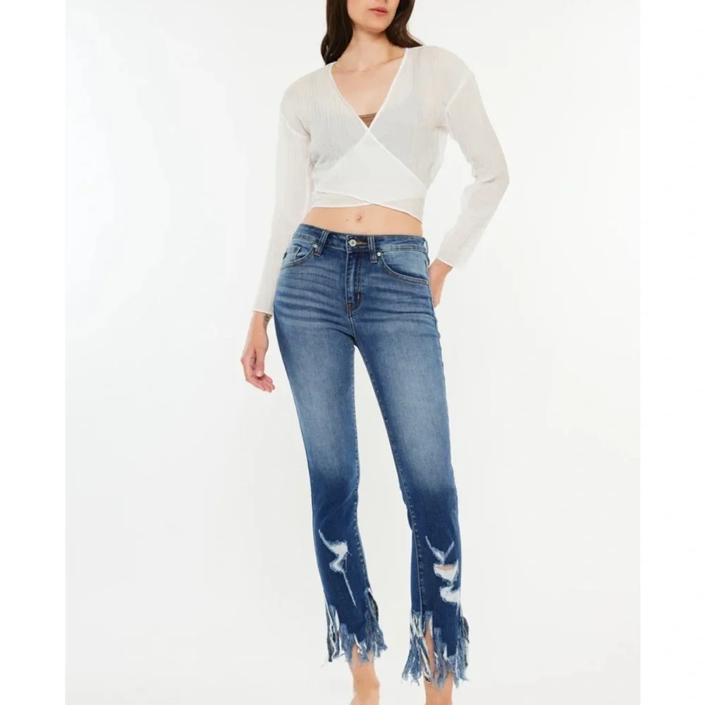 KanCan High Rise Skinny Ankle Jeans Ratana Fringe Hem Distressed Size 13/30 NWOT